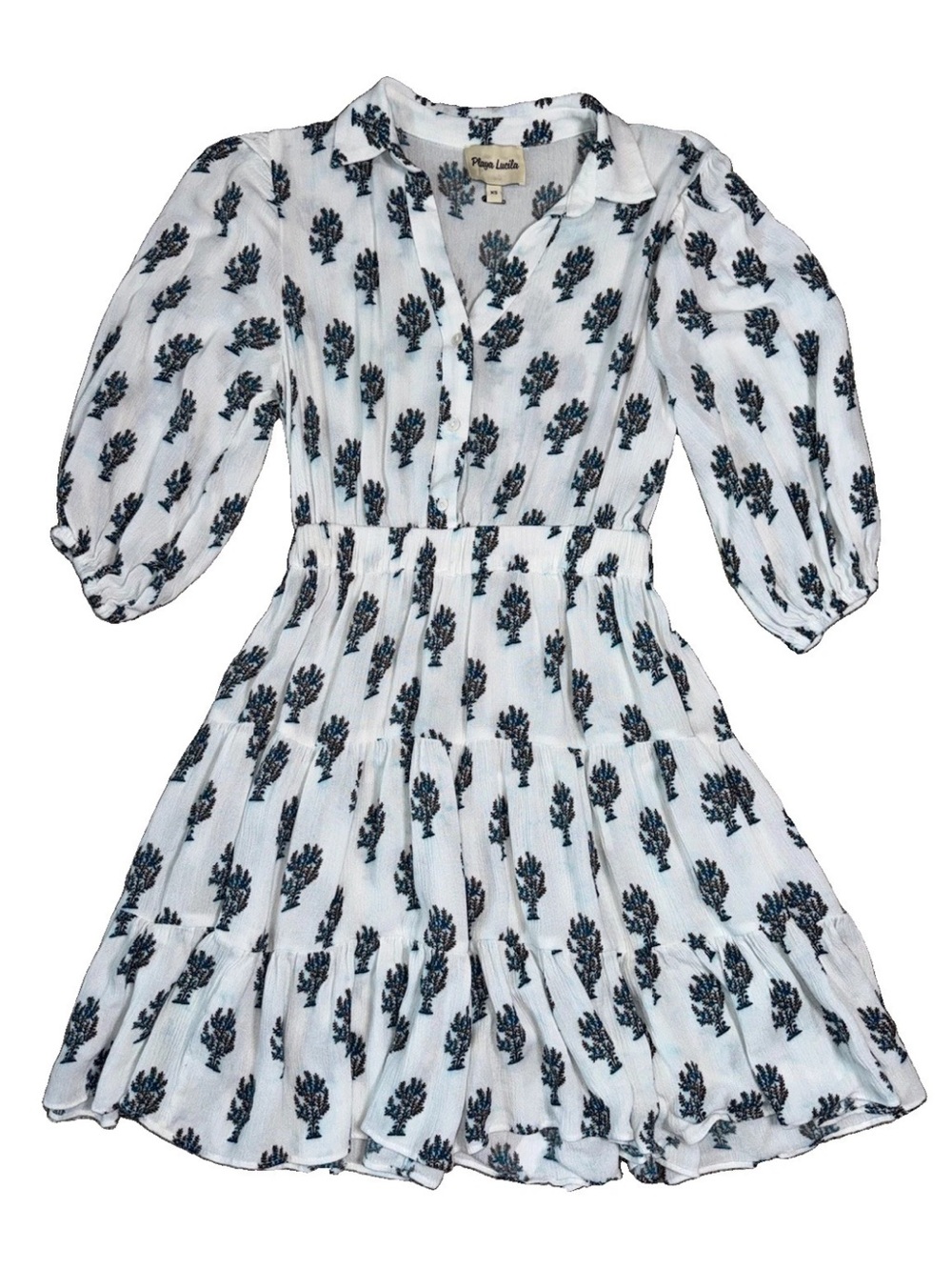 Playa Lucila Dress XS White Blue Floral Print Tiered Midi Puff Sleeve Boho